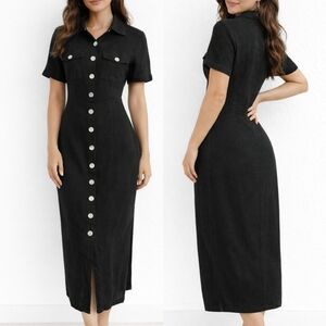 Vintage Robbie Bee Linen Blend Button Front Midi Dress | Minimalist 90s Capsule